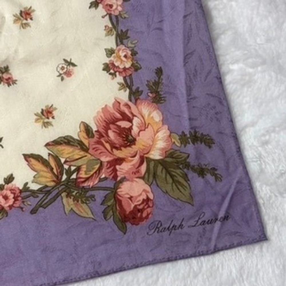 Vtg RALPH LAUREN Scarf Handkerchief Floral Purple Pink Cream 19.5" - Picture 3 of 4